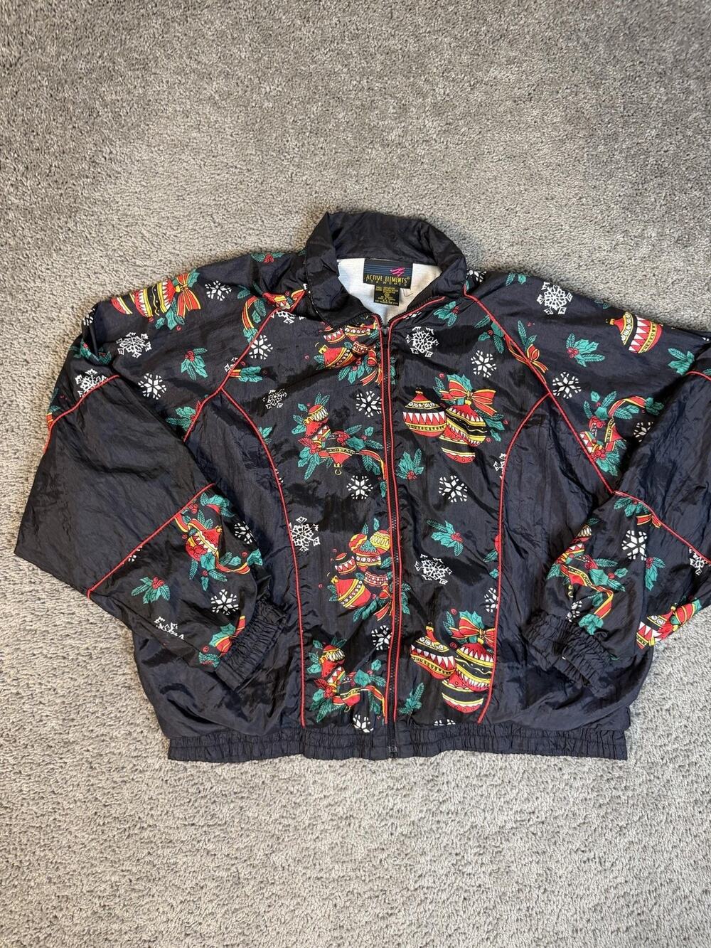 VTG Active Elements Jacket Womens L Black Floral Christmas Windbreaker Pockets